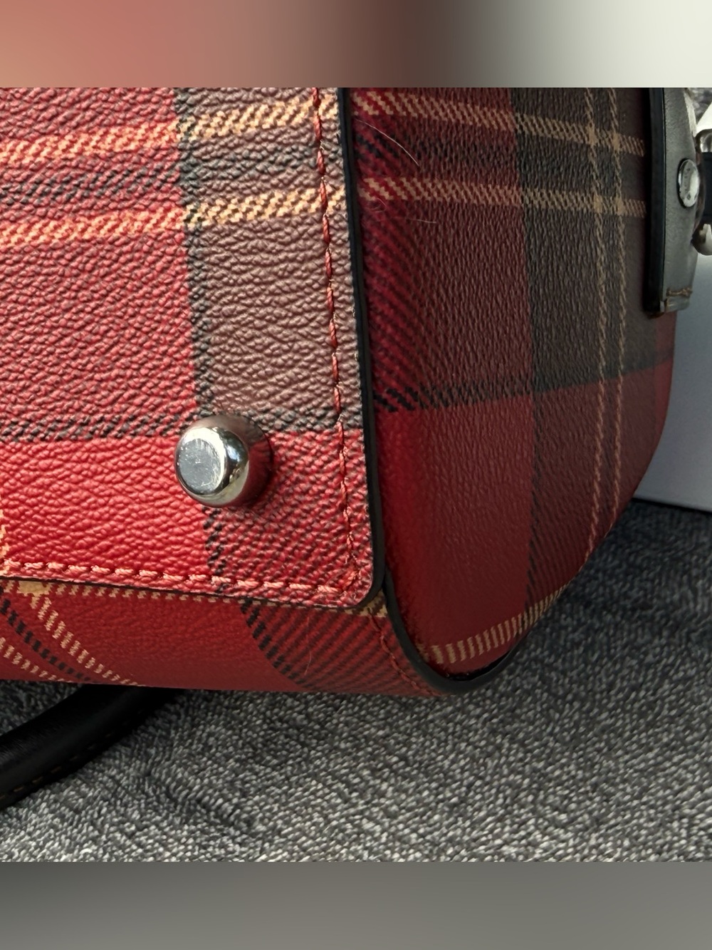 Coach Medium Rowan Satchel in a tartan plaid print featuring black leather trim. - Picture 12 of 12